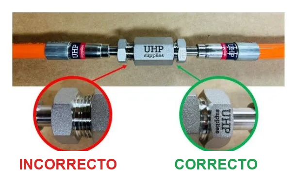Conexión de manguera UHP: collarín mal montado y bien montado